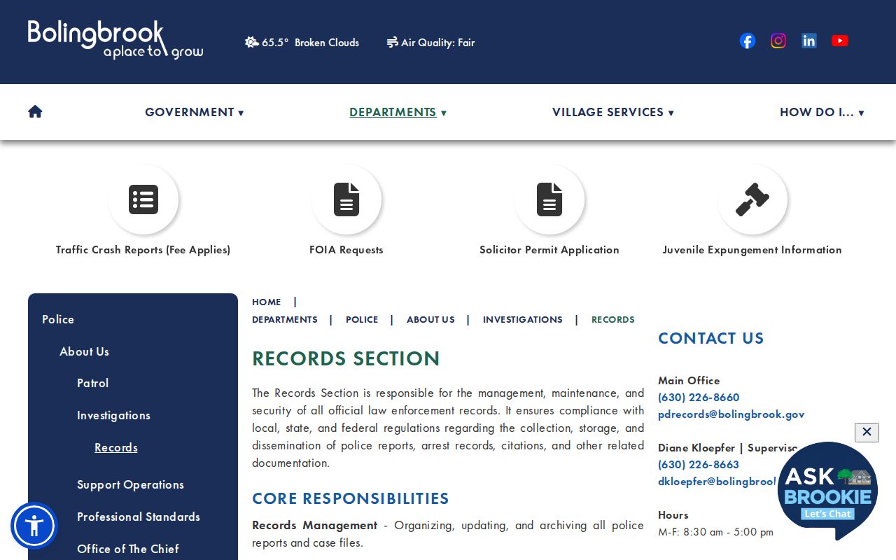 Bolingbrook Police Records page and public records route