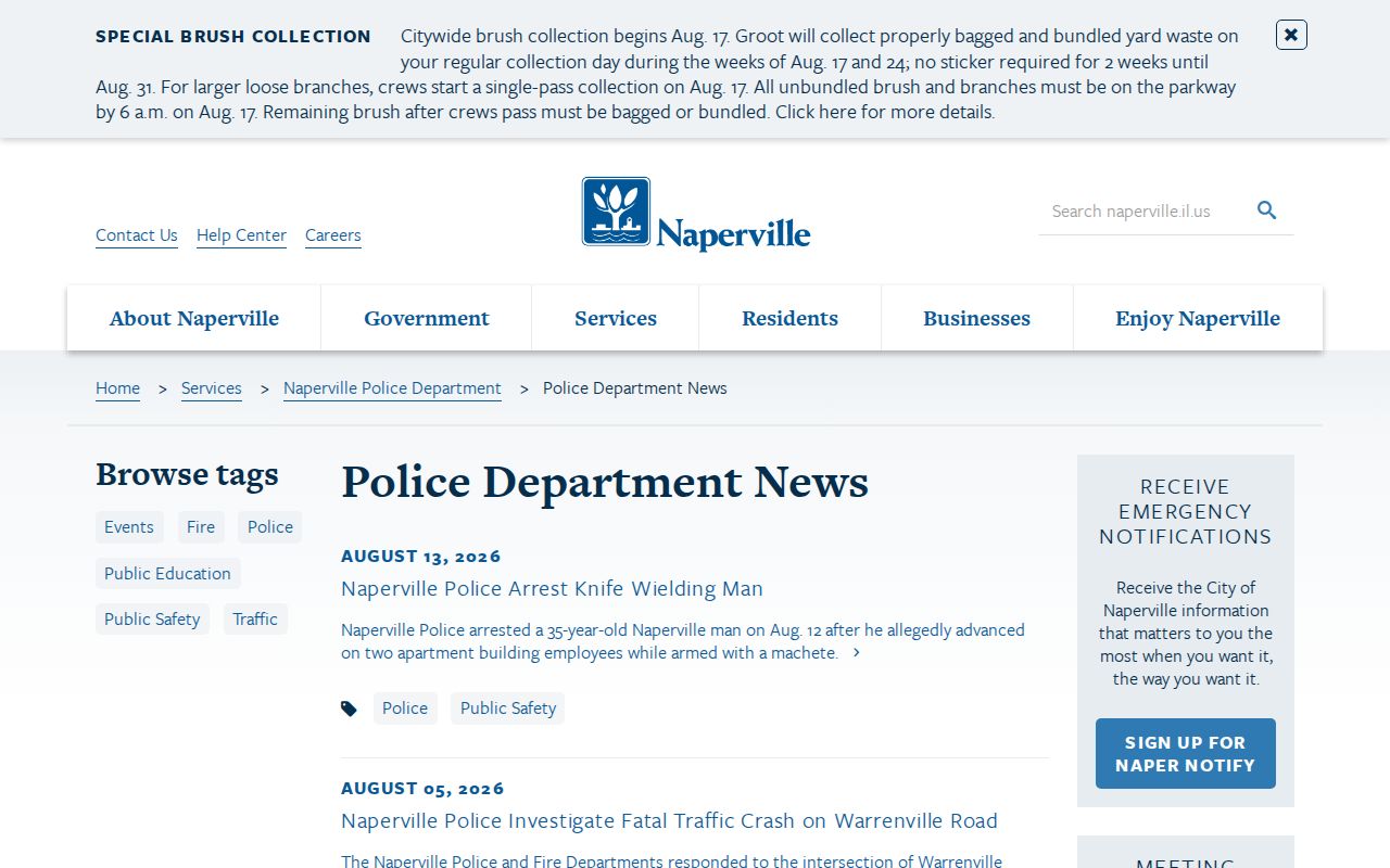 Naperville Police News page with dated public safety releases