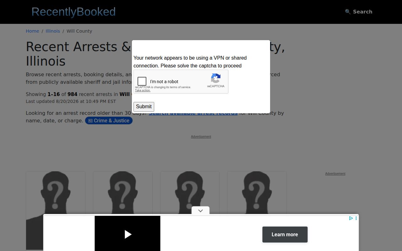 RecentlyBooked unofficial Will County section interface